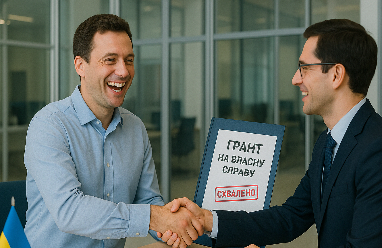 Створи зображення Грант на Власну Справу отримує підприємень, щасливий, погоджують грант у банку